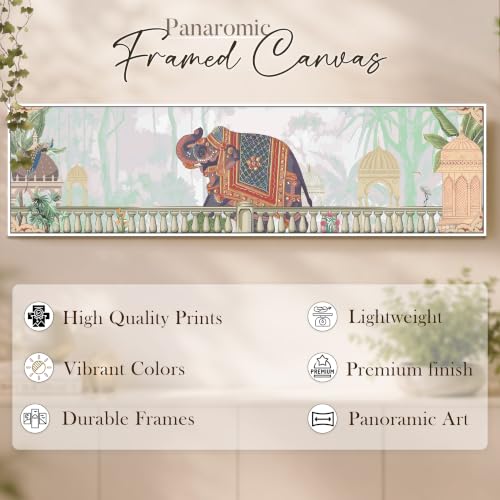 Image of PAINTINGMANTRA Mughal Pichwai Elephant Garden Canvas Wall Art Painting For Living Room, Traditional Indian Cultural Mughal Framed Wall Art Painting For Home, Office 33x119 cm