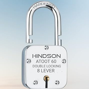 HINDSON Lock and Key Atoot 60mm with 3 Key, Atoot Steel Hardened Shackle Double Locking, 8 Lever Padlock for Door, Gate, Shutter (Finish Silver) (ATOOT 60 Hardened)