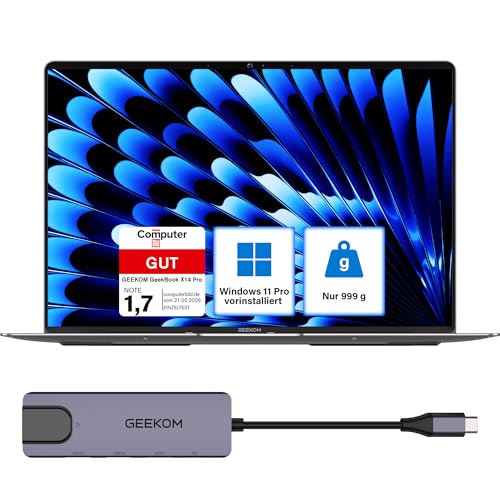 GEEKOM GeekBook X14 Pro Laptop, 999 g Ultraleicht, 14" 2.8K OLED, Ultra 9-185H, 32GB LPDDR5x RAM 7500MT/s, 1TB SSD, 2X USB4, Fingerprint & Webcam-Schieber, bis zu 16 h Akku, Copilot+, Windows 11 Pro