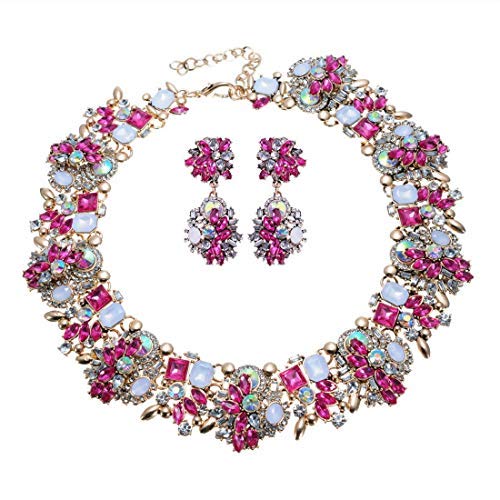 Jerollin Vintage Crystal Rhinestone Statement Choker Bib Statement Necklace Earring Fashion Costume Jewelry Set for Women Rose