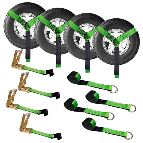 Image of Mega Cargo Control 4 Set 2 inch x 10' Wheel Lift D Ring Lasso Strap w / (4) 2 inch Ratchet, (4) Flat Hook, (4) Lasso Winch Sleeve Protector - (Gift) | Ratcheting Tow Truck & Hauling (Green)