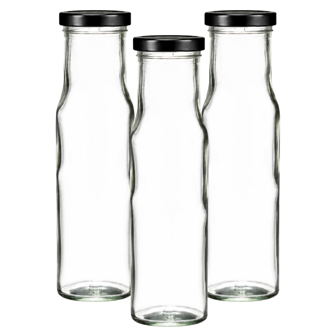 Jars and Bottles 250ml Glass Sauce Bottle with Twist-Off Caps | Preserve Bottle for Sauces, Chutneys, Jams & Homemade Products (12, Black)