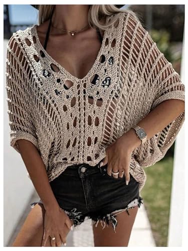 Floerns Women's Hollow Out Dolman Sleeve V Neck Crochet Sheer Pullovers Sweaters3