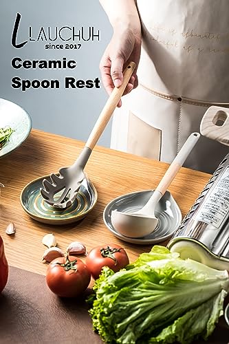 Image of LAUCHUH Spoon Rest for Kitchen Counter,5 inch Spoon Holder for Kitchen Counter Stove Top Ceramic Spatula Holder for Father's Day, Ladle, Spatula, Spoons or Tongs, Unique Green