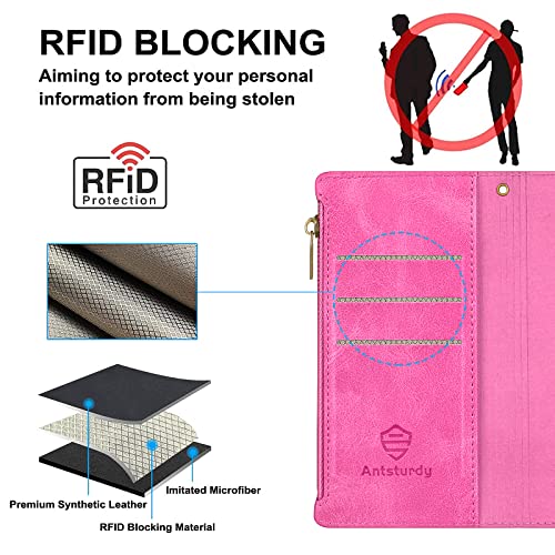 Antsturdy Samsung Galaxy S8+ / S8 Plus Wallet Case with Card Holder, RFID Blocking PU Leather Flip Cover Wrist Strap Zipper Credit Card Slots, Hot Pink by Antsturdy - Image 4