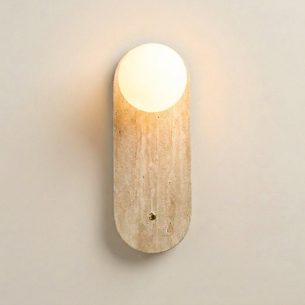 Cosrub One Color Japanese Yellow Travertine Wall Sconces, Oval Stone Wall Lamp With Glass Globe Nordic Cream Wall Mounted Light For Bedside Entryway Living Room
