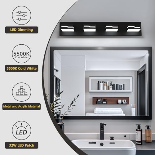 Image of LED Modern Bathroom Vanity Light Fixtures 4-Light, 25.5 inch Dimmable Black Vanity Lights for Bathroom Lighting Fixtures Over Mirror, with 350Rotatable Acrylic Heads(White Light 5500K)