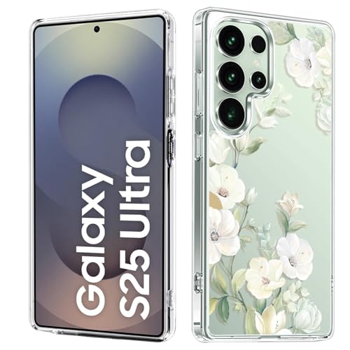 Image of Elzzi Clear Transparent Flower Cover For Samsung S25 Ultra 5g Case Shockproof Case Floral Design Camera Protection Shockproof PC+TPU Transparent Flower Cover For Girls & Women (Green)