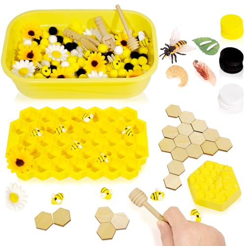Hiawbon Bee Sensory Bin Tools, Wooden Sensory Tool Sets, Bee Growth Cycle, Honeycomb Model, Bee Themed Pom Pom Bee Sunflower Wooden Chip Scoops for Counting Sorting Hammering Pounding