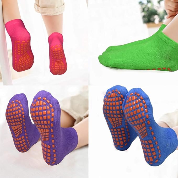 Image of WKLOUYHE Kids Anti-Skid Trampoline Socks 4 Pairs Non Slip Sticky Grips Breathable Cotton Socks for Teenagers