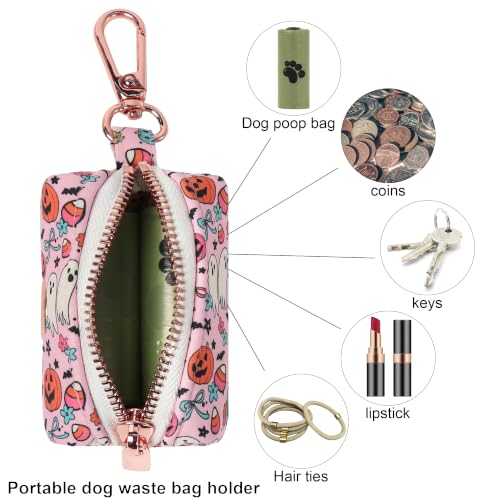 Image of ARING PET Halloween Dog Poop Bag Holder, Cotton Puppy Pink Pumpkin Ghost Waste Bag Dispenser Attach to Any Leashes, Portable Washable Pet Waste Pouch Holder with Two Rolls of Bags