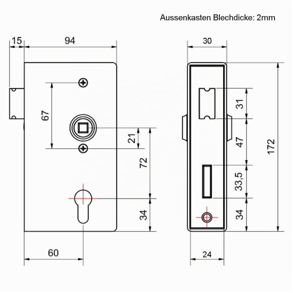 Schlosskasten 30mm, Kastenschloss zum einschweißen in Gartentür, komplett Set inkl. Drücker Paar, Kurzschilder, PZ Profilzylinder usw.