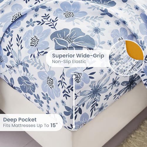 Image of Mooreeke Full Size Sheets Set - 4 Piece Soft Breathable Microfiber Bed Sheet Set - Blue & White Flower Pattern Sheet Set Full - Deep Pocket Non-Slip Floral Fitted Sheet Included for All Season