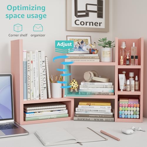 Image of NUTIKAS Desk Shelves Desktop Organizer Shlef - Pink Office Organization for Top of Desk Organizers and Accessories Corner Bookshelf Table Top Shelving Small Hutch Decorations for Office