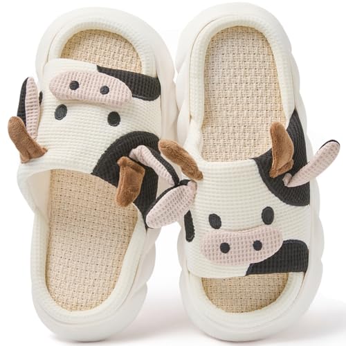 Coswind Kuh Hausschuhe Damen Herren Plüsch Pantoletten Winter Weiche Warme Bequeme Flauschige Tiere Leichte Kuschel Rutschfeste Cozy Geschlossen Lustige Schuhe Linen Kuh 270