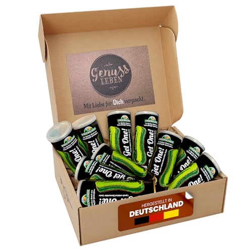 Genussleben Box Get One Gurken 9 Dosen á 250 g (100 g Abtropfgewicht) knackige eingelegte XXL Gurke mit Spießer ideal für Küche als Geschenk Party Freunde Familie & Vorrat