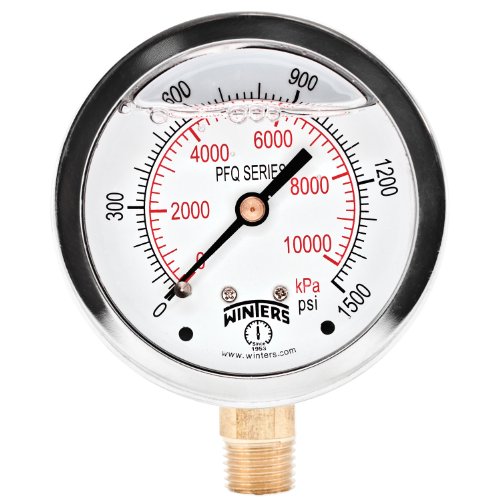 Winters PFQ Series Stainless Steel 304 Dual Scale Liquid Filled Pressure Gauge with Brass Internals, 0-1500 psi/kpa,2-1/2" Dial Display, +/-1.5% Accuracy, 1/4" NPT Bottom Mount