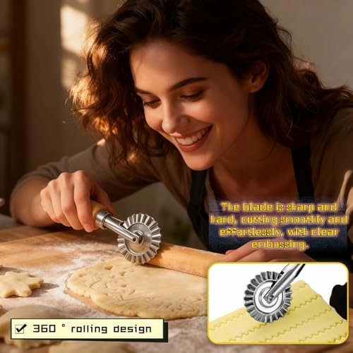 Pastry Wheel Cutter, 2 Inch Ravioli Cutter with Fluted Edge, Stainless Steel & Wood Handle for Pie Crust, Pasta, Dough, Empanadas - Professional Baking Tools, Easy Clean & Comfort Grip - Thumbnail 3