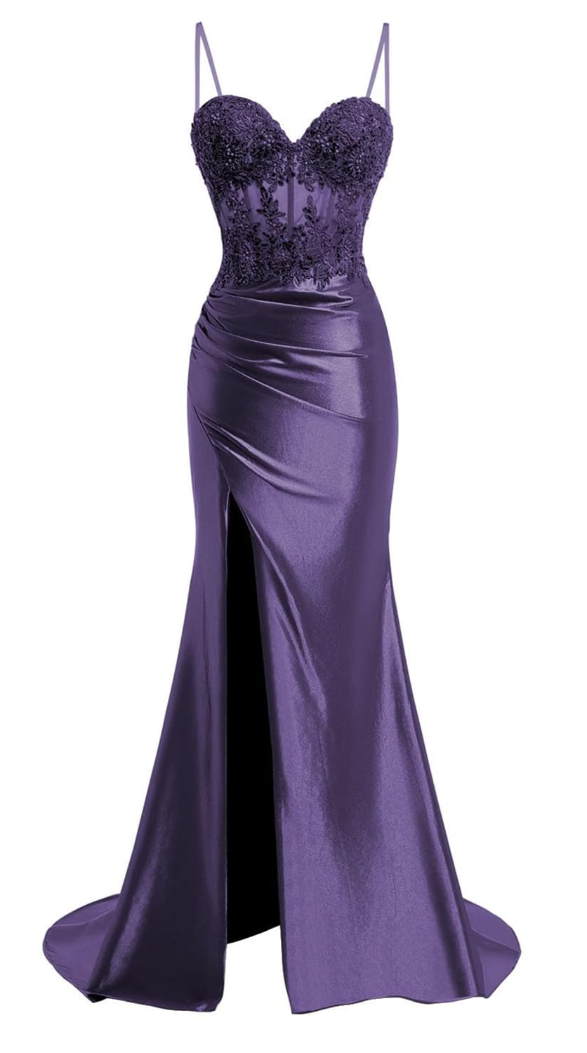 Yiann Women's Plum Spaghetti Strap Satin Prom Dresses With Slit For Mermaid Formal Evening Gown Uk16