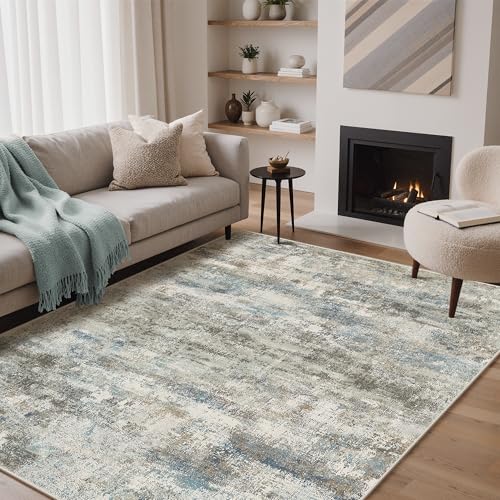 Image of BEIMO Area Rugs 5x7 for Living Room Bedroom, Modern Abstract Machine Washable Rug, Large Soft Low Pile Floor Carpet with Non Slip Backing for Dining Room, Blue /Taupe