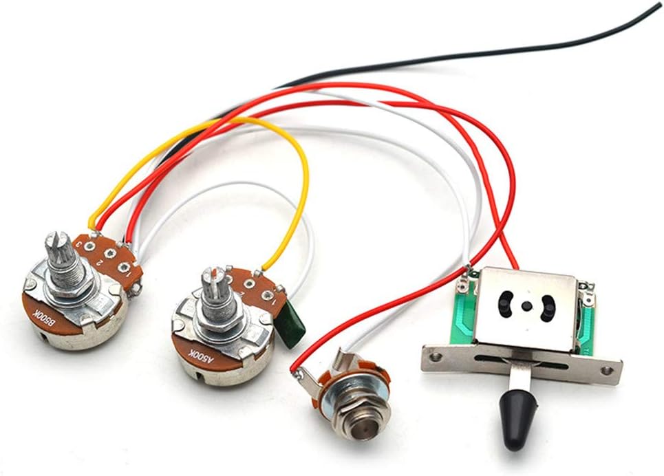 SAPHUE Guitar Wiring Harness Set Prewired 500K Big Pots 5 Way Switch Wiring Harness Kit with 6.35 Output/Black Knobs for Electric Guitar