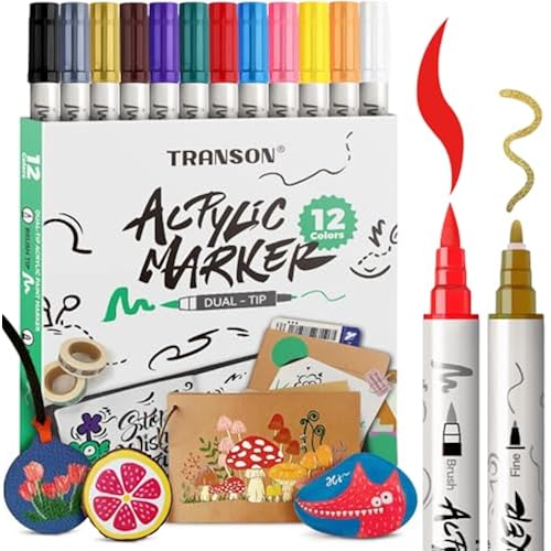 TRANSON 12 Colors Fine and Brush Dual-tip Acrylic Paint Marker Pen Set for Canvas Rock Wood Leather Ceramic DIY Painting