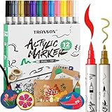 TRANSON 12 Colors Fine and Brush Dual-tip Acrylic Paint Marker Pen Set for Canvas Rock Wood Leather Ceramic DIY Painting