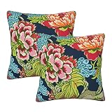 Peonies in Navy Multi Colors Pillow Cover Case Flowers Floral Pattern Chinoiserie Style with Invisib