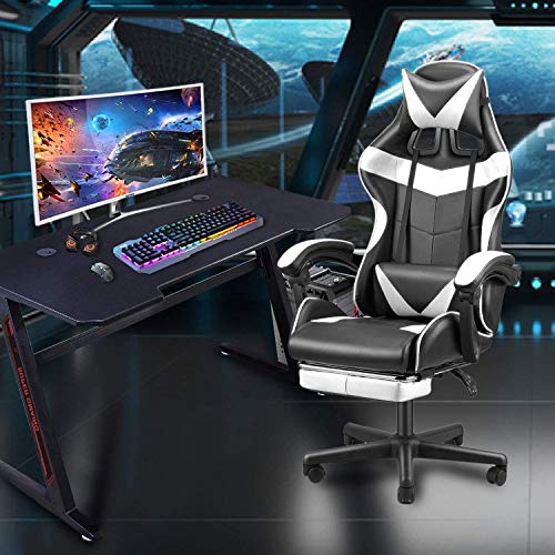 Gaming Chair Office Chair Racing Chair with Footrest,Backrest and Seat Height Adjustment Recliner with Headrest and Lumbar Pillow E-Sports Chair (Black-White)