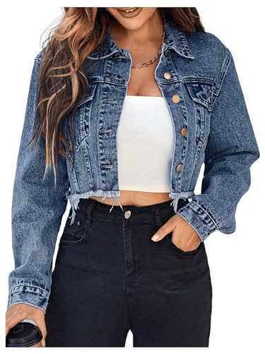 Floerns Women's Raw Hem Long Sleeve Button Down Pocket Cropped Denim Jean Jacket M