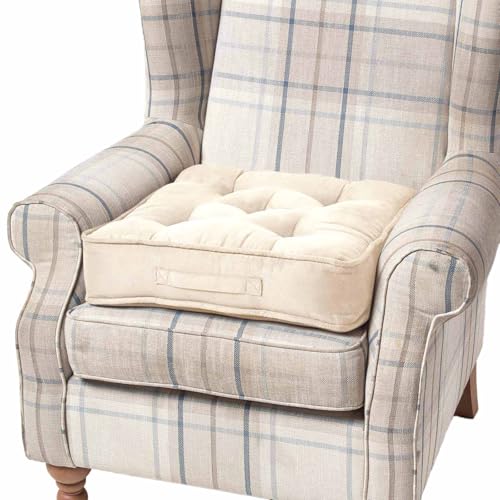 HOMESCAPES Cream Armchair Booster Cushion Large Firm 50 cm Square Seat Pad with Supportive 10 cm Thick Lift Luxury Soft Touch Faux Suede Cushion For The Elderly, Post-Operative and Pregnancy