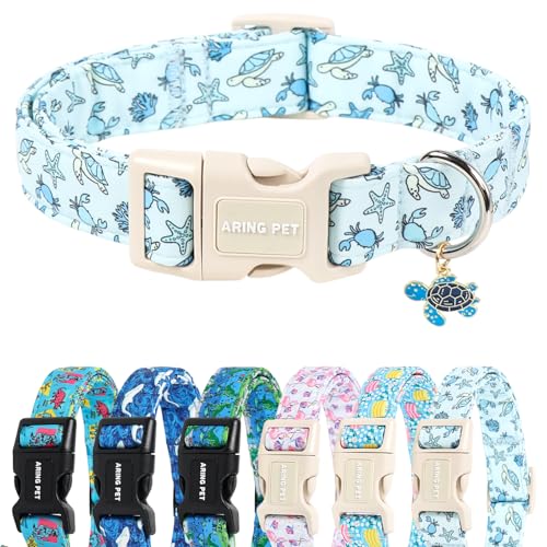 Image of ARING PET Summer Dog Collar for Puppy Small Medium Large Dog-Blue Turtle S | Cute LightBlue Seaturtle Pet Collars for XS S M L XL Boy Girl Dogs, Soft Comfy Sturdy, Beach Walking Hiking Picnic Daily Wear