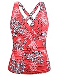 Firpearl Bathing Suit Tops for Women Large Bust Twist Front Swimsuit with Underwire Bra Support Push Up Tankini Tops Red Floral US10