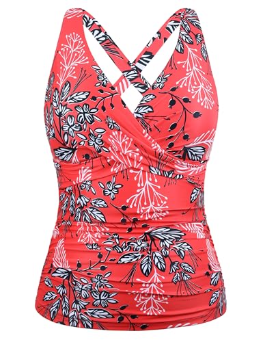 Firpearl Women Underwire Tankini Top Only Twist V Neck Swimsuits for Big Busted Ruched Tummy Control Bathing Suits Top
