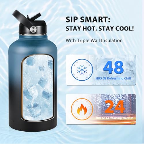 Image of Insulated Water Bottle 64 oz, Triple Wall Vacuum Stainless Steel Water Bottles (Cold for 48 Hrs), Leak Proof & Non-BPA, Half Gallon Water Flask Jug Wide Mouth Straw Lid & Spout Lid