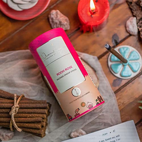 Image of Nirmalaya Premium Rooh Rose Bambooless Dhoop Sticks (40 Sticks) with Ceramic Stand Sacred Temple Flower | 100% Charcoal-Free | for Pooja, Meditation, Yoga & Home Fragrance