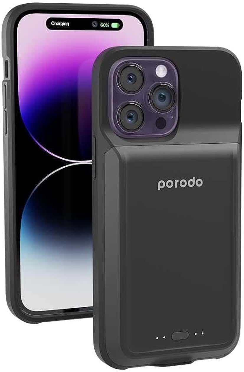 Porodo Wireless Charging Battery Case 5000mAh for iPhone 14 Pro - Black