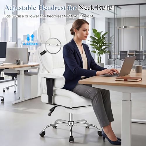 Image of DUMOS Big and Tall Home Office Desk Chair, Ergonomic Executive Chair with Footrest, Computer Gaming Chairs with High Back Reclining, Adjustable Armrests and Comfy Lumbar Support, PU Leather, White