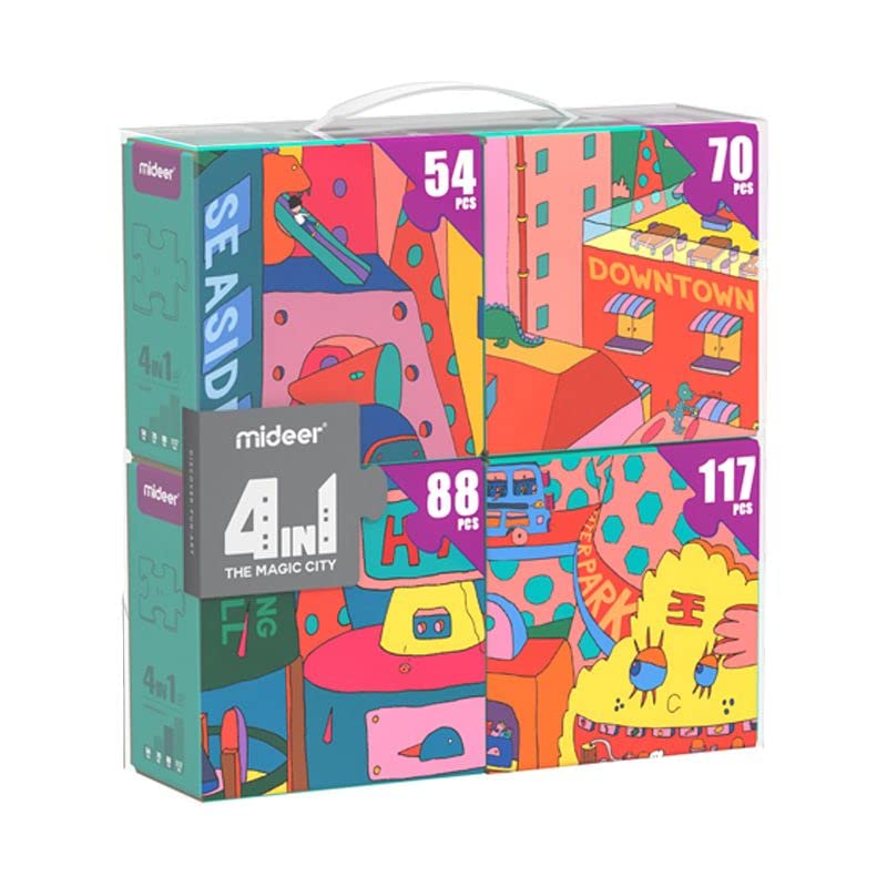 MIDEER 4 in 1 Puzzle Set (54/70/88/117 Pieces) for Kids Ages 4-9 Year Old Colorful Illustrated Designed City Jigsaw Puzzles for Toddler Children Learning Educational Puzzles Toys for Boys and Girls