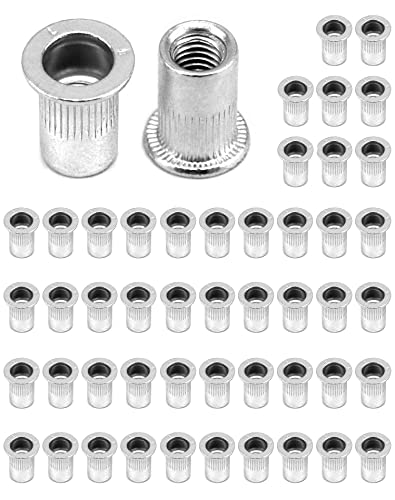 QWORK® 50 Piezas Tuercas Remachables M6, Tuercas De Cabeza Plana, Aleación De Aluminio, Remaches Roscados, Para Fijar Muebles, Decoraciones, Artesanías