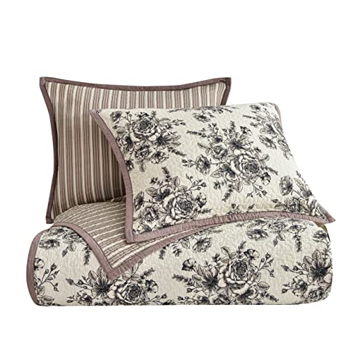 Image of Paseo Road Lyla 2 Piece Twin Taupe White Black Floral Cotton Quilt Set