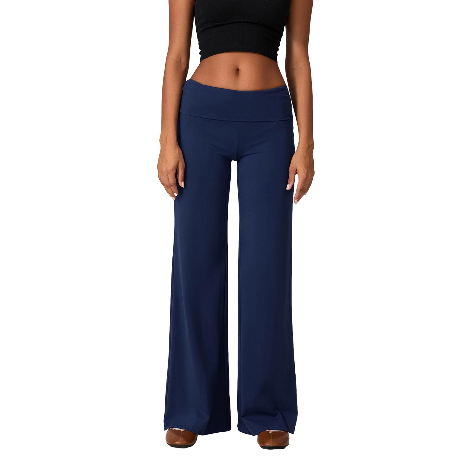 Fjfsoo Women's Straight Leg Pants Fold Over Y2k Elastic Waist Yoga Casual Pants Casual Going Out Trousers Streetwear(Dark Blue,S)