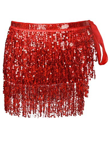 Prettyguide Womens Belly Dance Skirt Glitter Wave Skirt Sequin Tassel Hip Scarf Red #TOP1