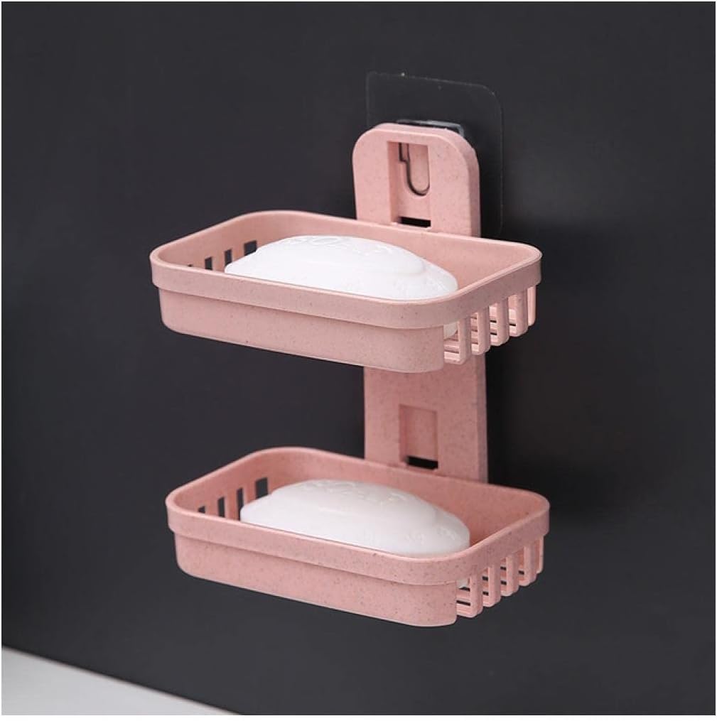 soap dish， Double No Punching Soap Box Sponge Storage Rack Shampoo Bar Holder Self Draining(H)