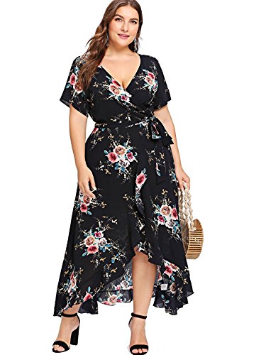 Milumia Plus Size Short Sleeves Wrap V Neck Belted Empire Waist Asymmetrical High