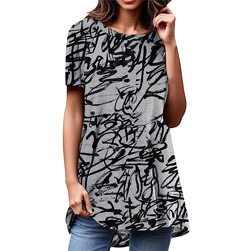 Longbluse Damen Kurzarm Rundhals Locker Tunika Tops Long Shirt Mode Bunte...