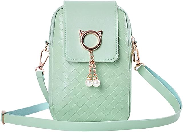 FuninCrea Ladies Crossbody Bag, PU Shoulder Bag with Zipper and Snap, Mobile Phone Bag with Pearl Pendant, Small Messenger Bag with Adjustable Shoulder Straps for Cellphone, Key, Card