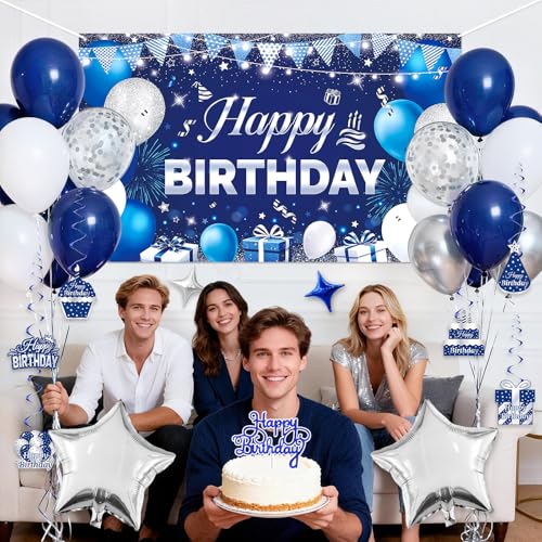 23rd Birthday Decorations for Men & Women, Navy Blue and Silver Happy 23rd Birthday Party Decorations with Number Balloons, Hanging Swirls, Cake Topper for 23 Years Old Party Supplies by RBYOO - Used condition - Image 4