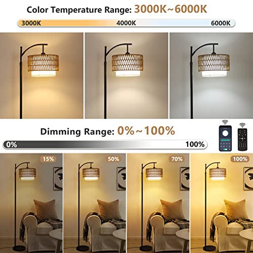Arc Floor Lamp for Living Room with 3 Color Temperatures, Farmhouse Floor Lamps with Remote & Dimmable Bulb, Boho Standing Lamp with Rattan & Fabric Shades, Adjustable Tall Lamp for Bedroom, Office - Image 2