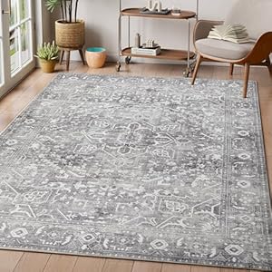HUGEAR Vintage Gray Medallion Area Rug 5×7 Washable Large Carpet Soft Fluffy Living Room Non Slip Low Pile Indoor Carpet for Bedroom Kitchen Dining Room Office Indoor Foldable Rug(Gray, 5’x7′)